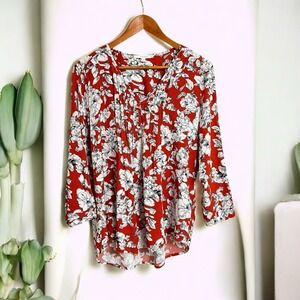 Fun 2 Fun‎ Womens Blouse Size S Floral Pintuck V Neck 3/4 Sleeves Pullover Top
